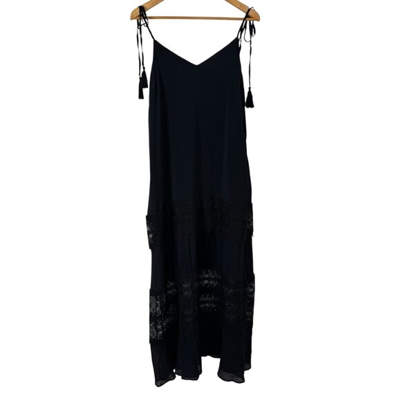 Elan Black Lace Tiered Maxi Dress Large Tie Spaghetti Straps Tassel Flowy Boho - Picture 1 of 13